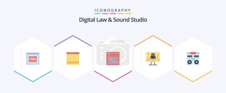 Illustration for Digital Law And Sound Studio 25 Flat icon pack including lock. monitor. mixer. dmca protection. multimedia - Royalty Free Image
