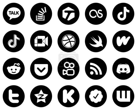 Illustration for 20 Attractive White Social Media Icons on Black Background such as wattpad. dribbble. douyin and google meet icons. Modern and professional - Royalty Free Image