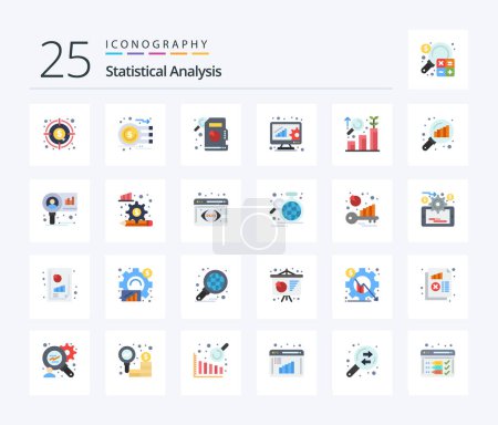Illustration for Statistical Analysis 25 Flat Color icon pack including graph magnifying. data analyzing. data analytics. growth. analysis - Royalty Free Image