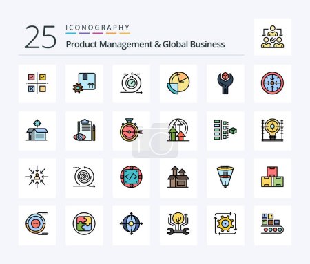 Téléchargez les illustrations : Product Managment And Global Business 25 Line Filled icon pack including data. analysis. premium quality. iteration. development - en licence libre de droit