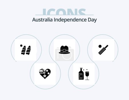Illustration for Australia Independence Day Glyph Icon Pack 5 Icon Design. bat. australia. surf. man. hat - Royalty Free Image