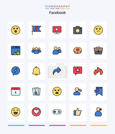 Illustration for Creative Facebook 25 Line FIlled icon pack  Such As emotion. picture. monitor. photo. camera - Royalty Free Image
