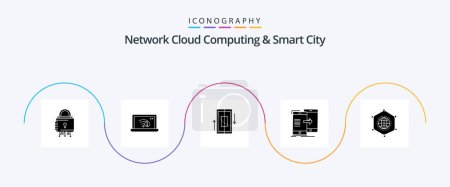 Téléchargez les illustrations : Network Cloud Computing And Smart City Glyph 5 Icon Pack Including sharing. smartphone. internet. phone. synchronization - en licence libre de droit