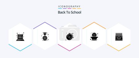 Téléchargez les illustrations : Back To School 25 Glyph icon pack including crayon. back to school. alarm. basketball. school - en licence libre de droit