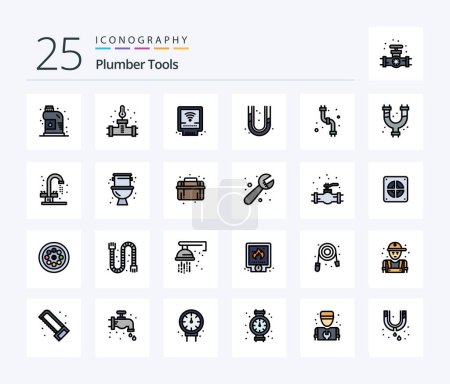 Téléchargez les illustrations : Plumber 25 Line Filled icon pack including faucet. plumbing. detector. plumber. mechanical - en licence libre de droit