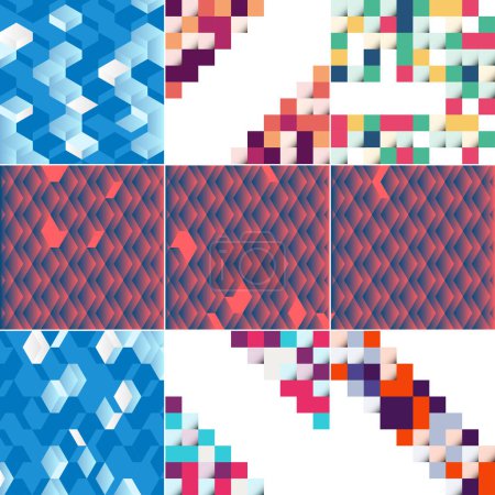 Illustration for Vector background with an illustration of an abstract texture featuring squares suitable for use as a pattern design in banners. posters. flyers. cards. postcards. covers. and brochures; pack of 9 - Royalty Free Image