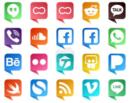 Illustration for 20 High Quality Chat bubble style Social Media Icons such as flickr. whatsapp and facebook icons. Professional and high definition - Royalty Free Image
