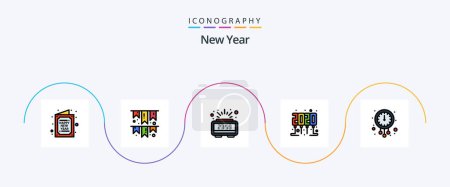 Téléchargez les illustrations : New Year Line Filled Flat 5 Icon Pack Including midnight. party time. party. new year. time - en licence libre de droit
