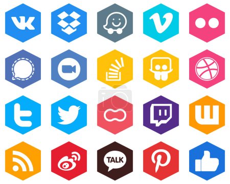 Illustration for Hexagon Flat Color White Icon Set overflow. question. mesenger. stockoverflow and meeting 20 Elegant Icons - Royalty Free Image