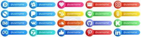 Ilustración de 20 Minimalist Follow me Social Network Platform Card Style Icons such as sound. vk. behance and google hangouts icons. Versatile and high quality - Imagen libre de derechos