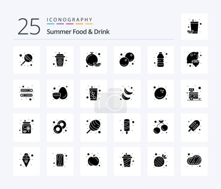 Téléchargez les illustrations : Summer Food & Drink 25 Solid Glyph icon pack including drink. healthy. citrus. fruit. blue - en licence libre de droit