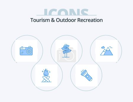 Téléchargez les illustrations : Tourism And Outdoor Recreation Blue Icon Pack 5 Icon Design. nature. room. camera. motel. direction - en licence libre de droit