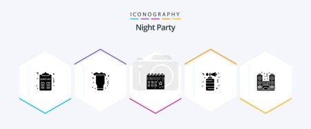 Téléchargez les illustrations : Night Party 25 Glyph icon pack including party. celebration. glass. horn. night - en licence libre de droit