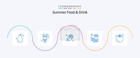Téléchargez les illustrations : Summer Food and Drink Blue 5 Icon Pack Including sweet. honey. summer. bees. ice - en licence libre de droit