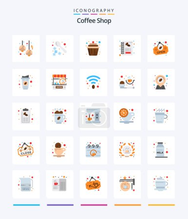 Téléchargez les illustrations : Creative Coffee Shop 25 Flat icon pack  Such As open. menu. spoon. coffee. muffin - en licence libre de droit