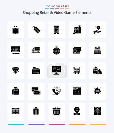 Téléchargez les illustrations : Creative Shoping Retail And Video Game Elements 25 Glyph Solid Black icon pack  Such As precentage. shopping. buy. buttle. milk - en licence libre de droit