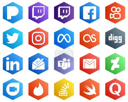Ilustración de 25 Fresh White Icons such as inbox. linkedin. instagram. digg and facebook icons. Hexagon Flat Color Backgrounds - Imagen libre de derechos