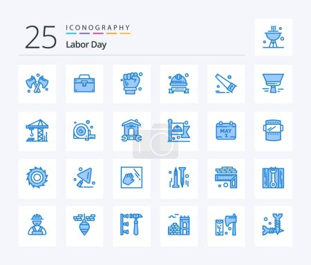 Illustration for Labor Day 25 Blue Color icon pack including saw. helmet. labour hand. hard hat. cap - Royalty Free Image
