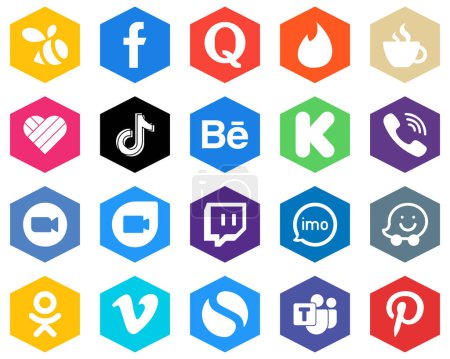 Illustration for Hexagon Flat Color White Icon Collection kickstarter. streaming. china and douyin 20 Professional Icons - Royalty Free Image