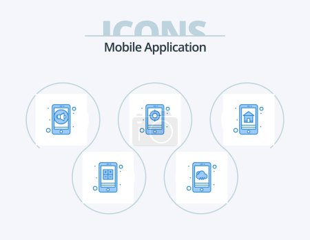 Ilustración de Mobile Application Blue Icon Pack 5 Icon Design. home page. target. sound. online. application - Imagen libre de derechos