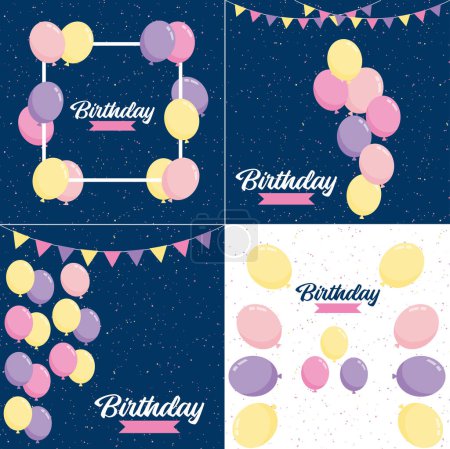 Illustration for Happy Birthday text with a floral wreath and watercolor background - Royalty Free Image