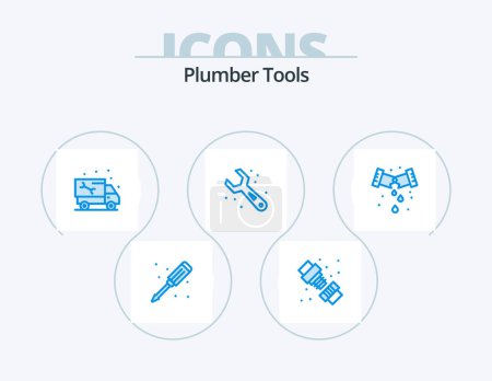 Illustration for Plumber Blue Icon Pack 5 Icon Design. leak. tools. car. plumbing. truck - Royalty Free Image