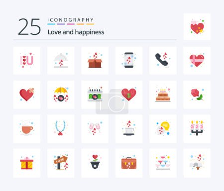 Téléchargez les illustrations : Love 25 Flat Color icon pack including communication. smart phone. box. mobile. heart - en licence libre de droit