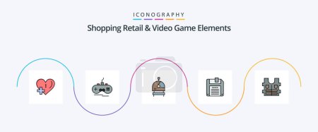 Téléchargez les illustrations : Shoping Retail And Video Game Elements Line Filled Flat 5 Icon Pack Including . life. astronaut. jacket. diskette - en licence libre de droit