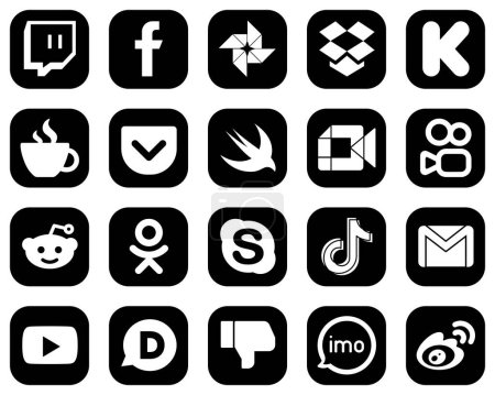 Téléchargez les illustrations : 20 Stylish White Social Media Icons on Black Background such as reddit. caffeine. video and swift icons. Modern and high-quality - en licence libre de droit