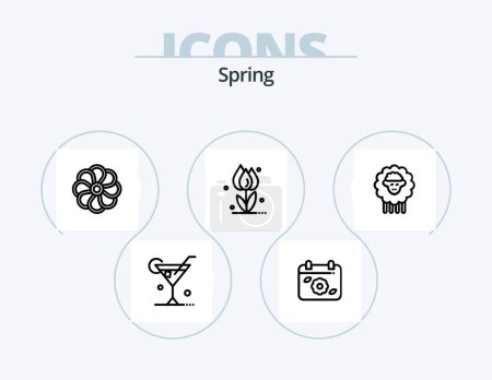 Téléchargez les illustrations : Spring Line Icon Pack 5 Icon Design. bug. wine. cloud rain. drink. rain - en licence libre de droit