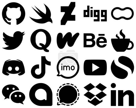 Illustration for 20 Fully Editable Black Solid Icon Set such as discord. streaming. tweet. caffeine and literature icons. Premium and high-quality - Royalty Free Image
