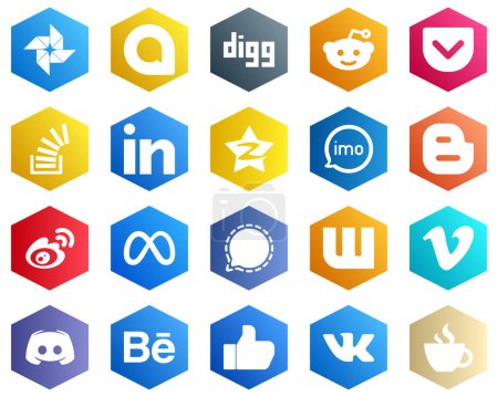 Illustration for Hexagon Flat Color White Icon Collection such as audio. overflow. imo and tencent icons. 25 High-quality Icons - Royalty Free Image