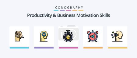 Téléchargez les illustrations : Productivity And Business Motivation Skills Line Filled 5 Icon Pack Including meditation. clock. mental. human. focus. Creative Icons Design - en licence libre de droit
