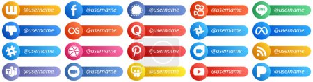 Téléchargez les illustrations : 20 Card Style Icons for Popular Social Networks with Username such as spotify. meta. line. google photo and quora icons. High definition and versatile - en licence libre de droit
