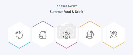 Téléchargez les illustrations : Summer Food and Drink 25 Line icon pack including ice cream. juice. pack. fruit. food - en licence libre de droit