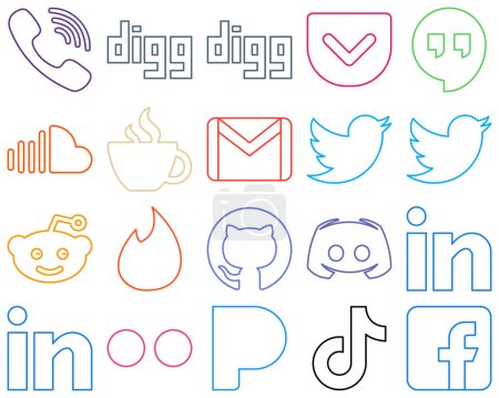 Illustration for 20 Fully Editable Colourful Outline Social Media Icons such as reddit. twitter. music. mail and gmail Unique and high-resolution - Royalty Free Image