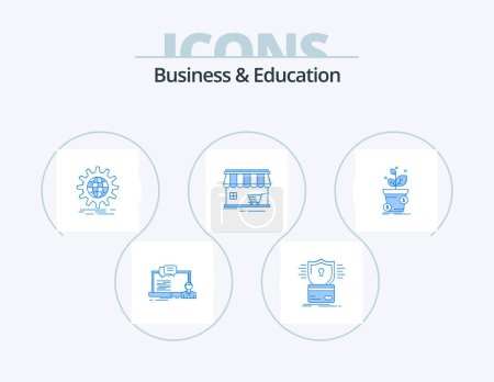 Téléchargez les illustrations : Business And Education Blue Icon Pack 5 Icon Design. market. shop. hacking. gear. globe - en licence libre de droit