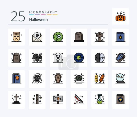 Téléchargez les illustrations : Halloween 25 Line Filled icon pack including halloween. grave. holiday. death. night - en licence libre de droit