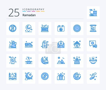 Ilustración de Ramadan 25 Blue Color icon pack including wall clock. iftar. holiday. dinner. muslim - Imagen libre de derechos