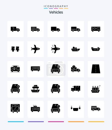 Téléchargez les illustrations : Creative Vehicles 25 Glyph Solid Black icon pack  Such As flight. forklift truck. bus. forklift. caterpillar vehicles - en licence libre de droit