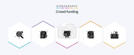 Illustration for Crowdfunding 25 Glyph icon pack including media. money. graph. stack. documents - Royalty Free Image