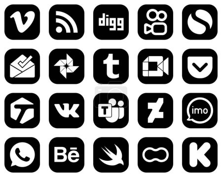 Illustration for 20 Minimalist White Social Media Icons on Black Background such as vk. google photo and tagged icons. Creative and high-resolution - Royalty Free Image