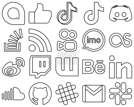 Illustration for 20 Simple Black Line Social Media Icons such as feed. overflow. discord. stock and stockoverflow icons. Fully customizable and professional - Royalty Free Image