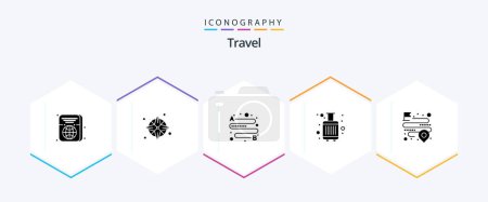 Téléchargez les illustrations : Travel 25 Glyph icon pack including map. distance. distance. tourist. bags - en licence libre de droit