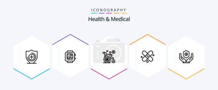 Téléchargez les illustrations : Health And Medical 25 Line icon pack including . handcare. wheel chair. shield. medical - en licence libre de droit