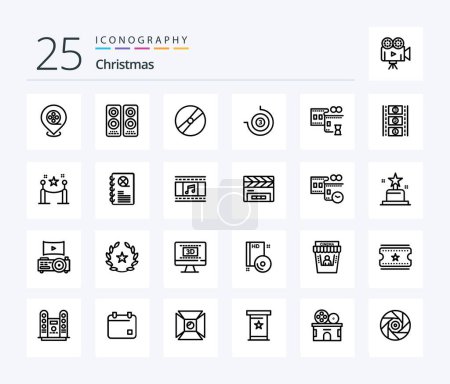 Téléchargez les illustrations : Christmas 25 Line icon pack including movie reel. film reel. film. timepiece. count down - en licence libre de droit
