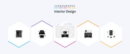 Téléchargez les illustrations : Interior Design 25 Glyph icon pack including light. pan. cabinet. oven. cooker - en licence libre de droit
