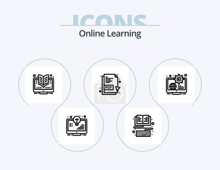 Illustration for Online Learning Line Icon Pack 5 Icon Design. science. atom. light bulb. headphone. learning - Royalty Free Image