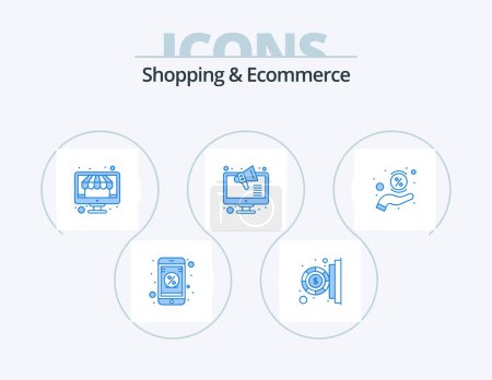 Téléchargez les illustrations : Shopping And Ecommerce Blue Icon Pack 5 Icon Design. offer. discount. shop. store. online - en licence libre de droit
