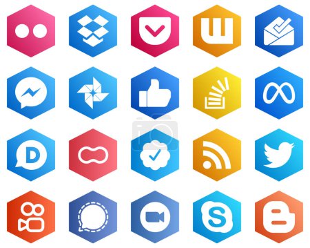 Téléchargez les illustrations : Hexagon Flat Color White Icon Collection such as facebook. overflow. fb. stock and stockoverflow icons. 25 High-quality Icons - en licence libre de droit
